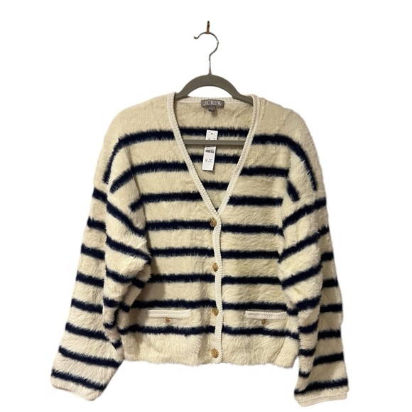 J. Crew Sweater Lady Jacket in Striped Brushed Yarn Nautical White and Navy (L) - Picture 5 of 14